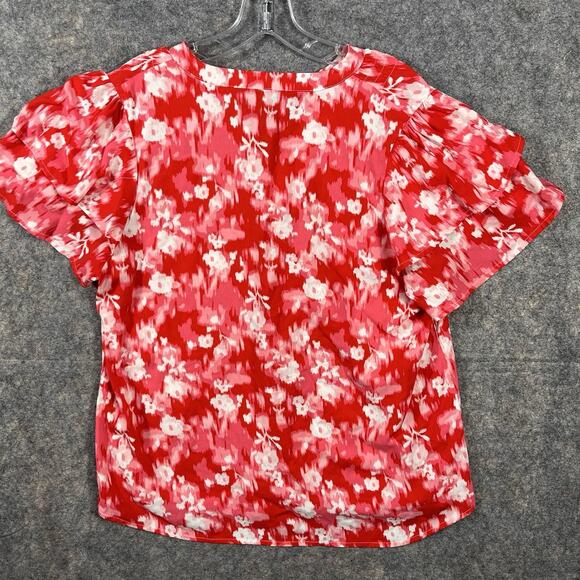 Bobeau Top Sheer Red Short Sleeve Flowy Blouse Floral Print V-Neck Large - Picture 7 of 9